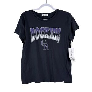 NEW 47 Womens‎ Colorado Rockies T Shirt Large "Rockies" Graphic Tee Black MLB